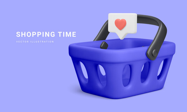 3d realistic plastic shopping cart with social icon isolated on blue background. Vector illustration