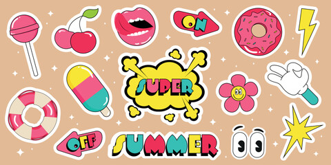 Set of colorful happy summer stickers. Collection of trendy cartoon stickers. A series of stickers characters, food in cartoon style in bright colors of the 2000s. Vector illustration.