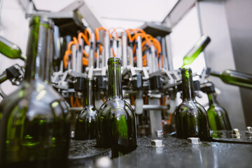 Drink Beverage or Winery Brewery factory production line, Bottle cleaning machine process.
