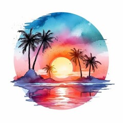 Fototapeta na wymiar Holiday summer travel vacation illustration - Watercolor painting of palms, palm tree beach with ocean sea, sunset or sunrise, design for logo or t shirt, isolated on white background (Generative Ai)