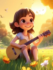 Obraz na płótnie Canvas Girl playing the guitar on the grass, 3D camping illustration