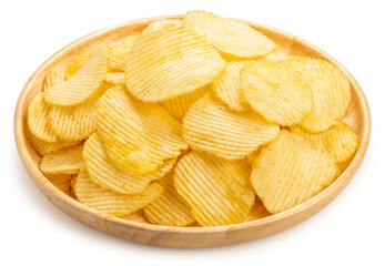 Potato chips in wooden plate isolated on white background, Fried Potato chips on white With clipping path.