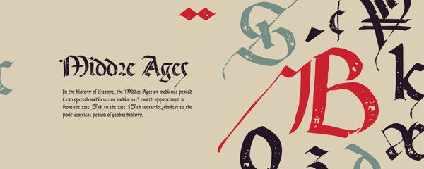 Medieval manuscript frame with blackletter pattern. Template for vintage greeting card, gothic banner, gift voucher.