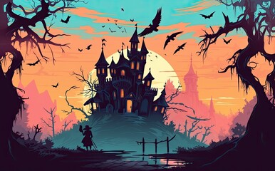 halloween background For posters, banners, eerie landscapes of night fantasy forests.