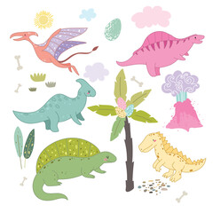 Dinosaurs vector set in cartoon Scandinavian style. A colorful cute children's illustration is perfect for a child's room. Dino, sun, volcano, palm, plants, eggs, clouds.