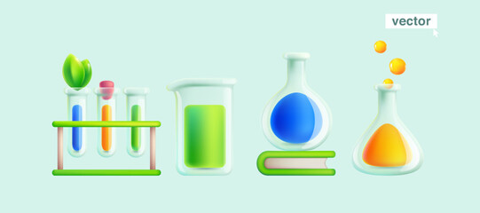 Biological laboratory equipment. Realistic 3D render glass tube, flask, and beaker with color liquid and green leaves.