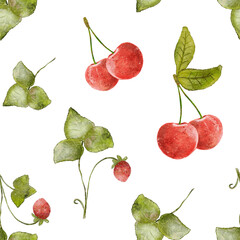 Watercolor Berry Pattern. Seamless pattern with cherries and wild strawberries. Spring Summer bright illustration. Healthy food, diet. Food cover design.
