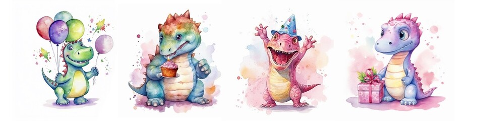 Set of illustrations in watercolor style for the design of invitation cards for a children's birthday in the theme of Dinosaurs: with a cake, with a gift, happy, AI generated