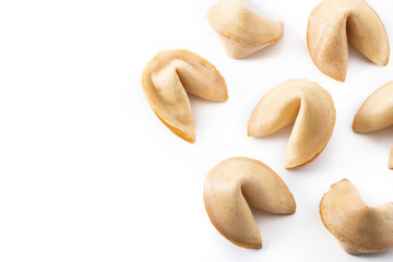 Traditional fortune cookies isolated on white background. Copy space