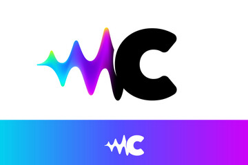 Letter C logo with sound wave flow. Vibrant line glitch effect. Multicolor neon gradient icon.