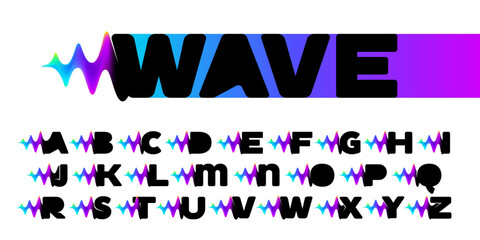 Alphabet set with sound waves flow. Vibrant line glitch effect. Multicolor neon gradient icon.