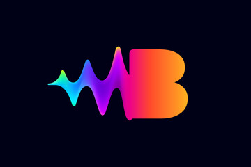 B letter logo with pulse music player element. Vibrant sound wave flow line and glitch effect. Neon gradient icon.