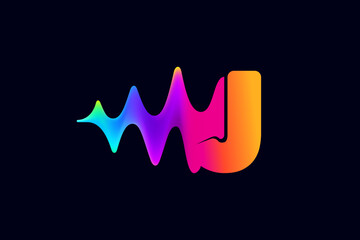 J letter logo with pulse music player element. Vibrant sound wave flow line and glitch effect. Neon gradient icon.