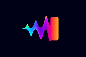I letter logo with pulse music player element. Vibrant sound wave flow line and glitch effect. Neon gradient icon.