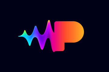 P letter logo with pulse music player element. Vibrant sound wave flow line and glitch effect. Neon gradient icon.