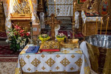 a table with items for an Orthodox baptism