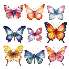 Obraz na płótnie Canvas Set of watercolor illustrations depicting bright butterflies isolated on a transparent background. Transparent Png files, ai generated