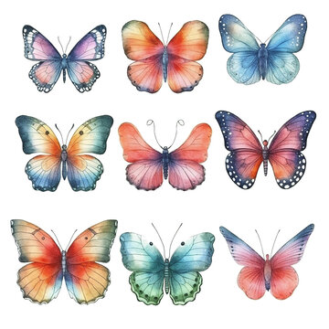 Budle of watercolor butterflies isolated on a transparent background. Transparent Png files,  , ai generated