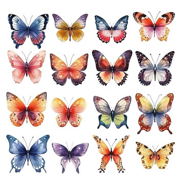 Set of watercolor illustrations depicting bright butterflies isolated on a transparent background. Transparent Png files, ai generated