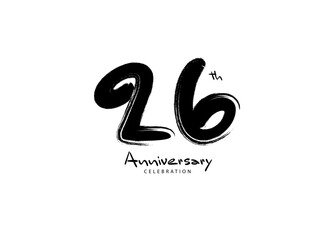 26 Years Anniversary Celebration logo black paintbrush vector, 26 number logo design, 26th Birthday Logo, happy Anniversary, Vector Anniversary For Celebration, poster, Invitation Card
