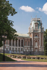 Russia. The Grand Palace in Tsaritsyno Park. Tsaritsyno Park is one of the main tourist attractions in Moscow. Beautiful scenic view of the old entrance of the complex in the summer on a Sunny day.