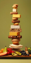 Equilibrium food balance diet concept. Balancing pyramid or tower of fruits. Generative AI