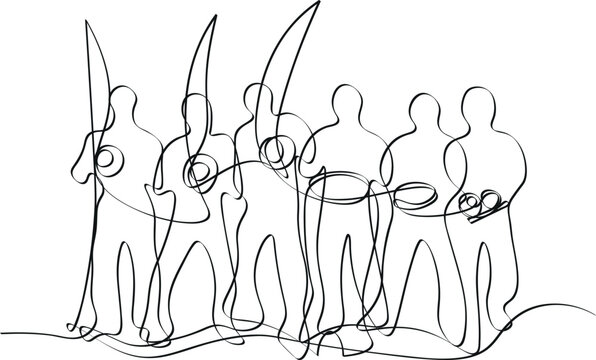 Group of people playing brazilian capoeira music. Abstract continuous line art vector illustration.