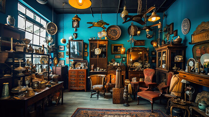 Interior of an antique store with old vintage classical objects and furniture. Generative Ai - obrazy, fototapety, plakaty