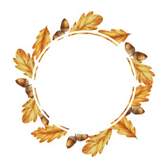 Watercolor wreath with autumn oak leaves and acorns isolated. Thanksgiving, Halloween illustration for designers, scrapbooking. For designers, postcards, party Invitati
