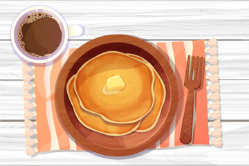 Pancakes stack with butter top view in wooden plate, coffee and fork in cartoon style on wooden light table background. Circle dessert, breakfast. 