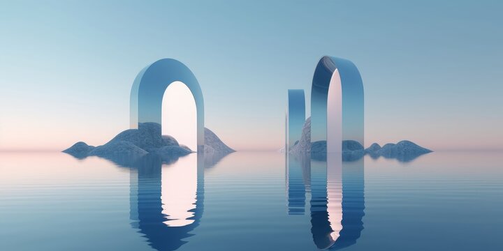 3d Render, Abstract Panoramic Background, Northern Futuristic Landscape, Fantastic Scenery With Calm Water, Simple Geometric Mirror Arches And Pastel Blue Gradient Sky. Zen Aesthetic, Generative AI