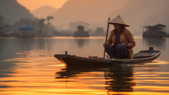 Asian Woman in Traditional Clothing and Conical Straw Hat in Canoe on River Generative AI