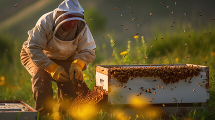 Man Beekeeper Harvesting Honey in Apiary, Generative AI