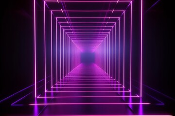 3d render, ultraviolet neon square portal, glowing lines, tunnel, corridor, virtual reality, abstract fashion background, violet neon lights, arch, pink purple vibrant colors, laser, Generative AI