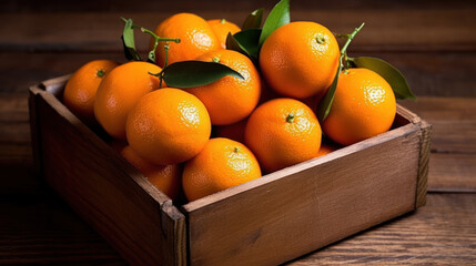 Oranges in a Wooden Box on a Wooden Table, Generative AI