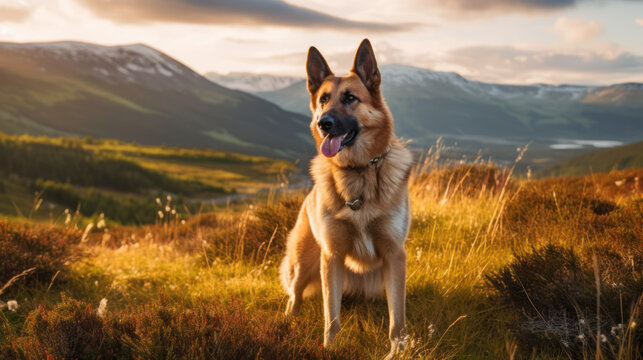 German Shepherd in Beautiful Landscape at Sunset with Golden Light, Generative AI
