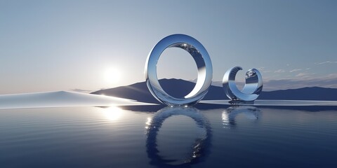 3d render, abstract minimalist background, futuristic landscape, fantastic seascape with calm water, polished chrome ring and silver ball under the plain gradient sky. Fantasy panoramic, Generative AI - obrazy, fototapety, plakaty