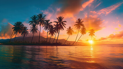 Fototapeta na wymiar Paradise beach sunset or sunrise with tropical palm trees. Generative Ai