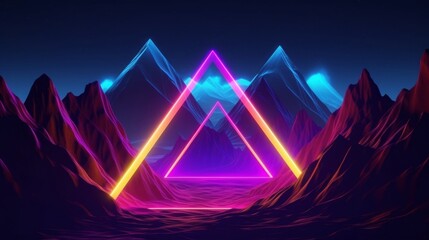 Fototapeta na wymiar 3d rendering. Abstract futuristic neon background. Fantastic landscape with glowing geometric triangular frame and mountains, Generative AI