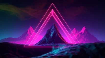 Foto op Canvas 3d rendering. Abstract futuristic neon background. Fantastic landscape with glowing geometric triangular frame and mountains, Generative AI © Anupam