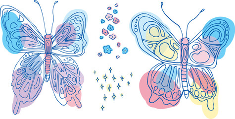 hand drawn pastel vector sketch of a butterfly set