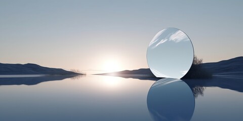 3d render, abstract minimalist background, nordic futuristic landscape, fantastic tranquil seascape with calm water, round mirror disk and pastel blue, Generative AI