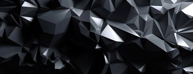 3d render, abstract black crystal background, faceted texture, macro panorama, wide panoramic polygonal wallpaper, Generative AI