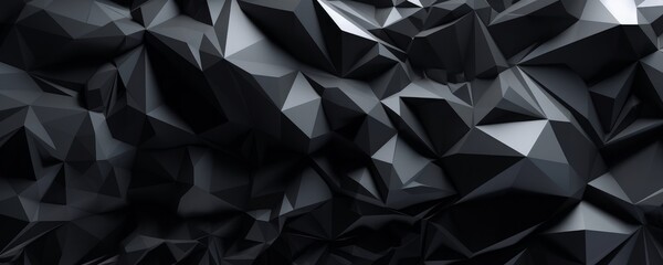 3d render, abstract black crystal background, faceted texture, macro panorama, wide panoramic polygonal wallpaper, Generative AI