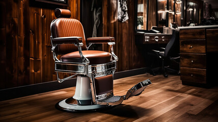 Stylish Vintage Barber Chair In Wooden Interior. Barbershop Theme. Generative Ai