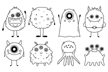 Set with cute monsters in doodle style. Linear children's monsters. Coloring book for children. vector illustration. Isolated mascot. © Евгения Крупель