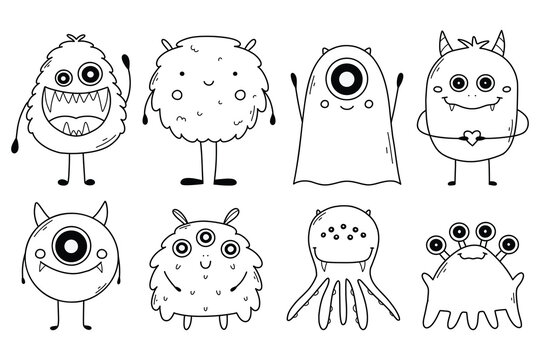 Set with cute monsters in doodle style. Linear children's monsters. Coloring book for children. vector illustration. Isolated mascot.