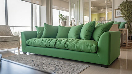 Fototapeta na wymiar Large soft green sofa in a cozy living room. Generative Ai
