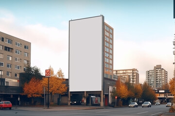 Cityscape backdrop, blank vertical outdoor billboard mockup on bright autumn day Generative AI - obrazy, fototapety, plakaty