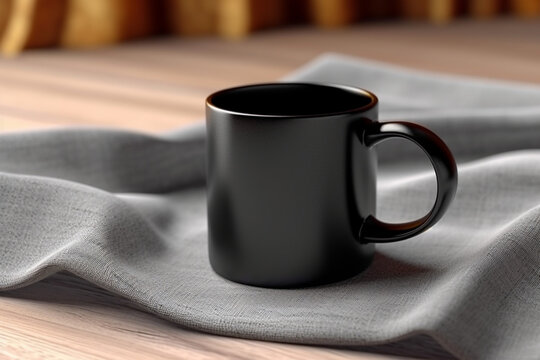 Classic presentation, black coffee mug mockup on linen napkin Empty cup Generative AI